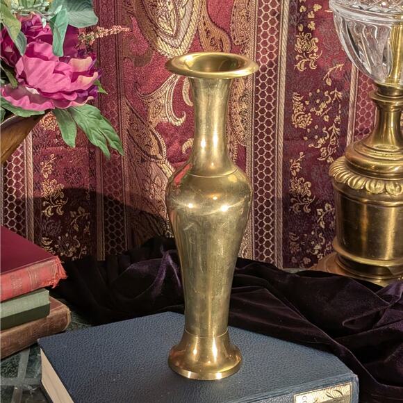 Vintage 11.5"H Solid Brass Tulip Shape Decorative Patina Vase, Handmade in India - Picture 1 of 8